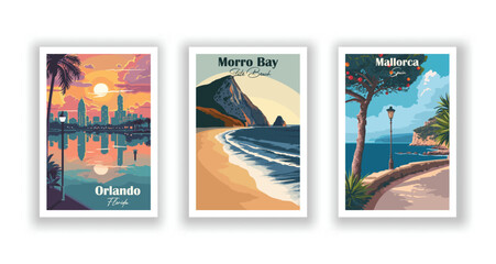 Mallorca, Spain. Morro Bay State Beach. Orlando, Florida - Vintage travel poster. High quality prints. - obrazy, fototapety, plakaty