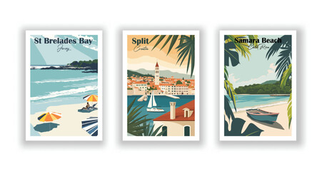 Samara Beach, Costa Rica. Split, Croatia. St Brelades Bay, Jersey - Vintage travel poster. High quality prints.