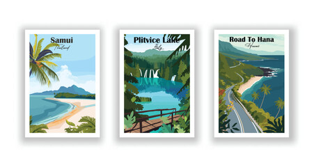 Plitvice Lake, Italy. Road To Hana, Hawaii. Samui, Thailand - Vintage travel poster. High quality prints.