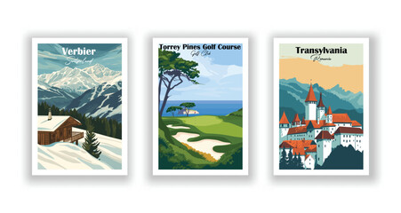 Torrey Pines Golf Course, Golf Club. Transylvania, Romania. Verbier, Switzerland - Vintage travel poster. High quality prints.