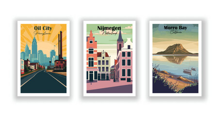 Morro Bay, California. Nijmegen, Netherlands. Oil City, Pennsylvania - Vintage travel poster. High quality prints.