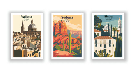 Sedona, Arizona. Sintra, Portugal. Valletta, Malta - Vintage travel poster. High quality prints. - obrazy, fototapety, plakaty