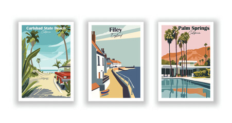 Carlsbad State Beach, California. Filey, England. Palm Springs, California - Vintage travel poster. High quality prints.