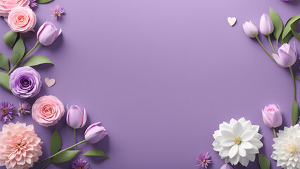 3D flower floral with purple pastel background. Cosmetic or beauty product background for woman's day and mother's day. Copy space floral mockup.