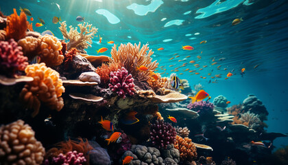 Naklejka na ściany i meble Underwater reef fish in nature, multi colored aquatic landscape generated by AI