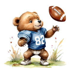 Bear with Football Helmet watercolor clipart illustration, Cute watercolor football, illustration teddy bears clipart