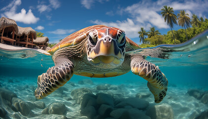 Majestic sea turtle swimming in tropical blue underwater beauty generated by AI