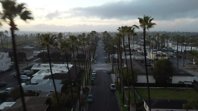 4K Drone footage, flying in a city, cool palm trees street view, Beverly Hills style, California Small Town, city life, evening time, HQ, San Diego, Del Mar, La Jolla, Encinitas, Carlsbad, Oceanside