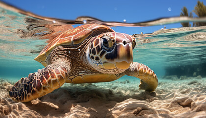 Obraz premium Underwater turtle swimming in blue sea, surrounded by colorful fish generated by AI