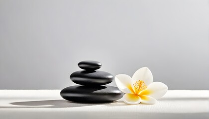 Natural alternative therapy. Spa treatment kit with massage stones and orchid on gray background