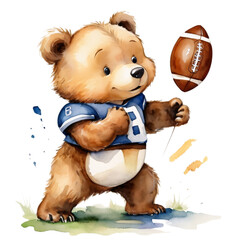 Bear with Football Helmet watercolor clipart illustration, Cute watercolor football, illustration teddy bears clipart