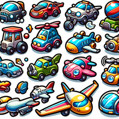 A set of funny cartoon transportation icons, featuring various cars and airplanes. The vector icons should be designed in a playful and whimsical style