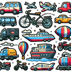 A sticker set of different vehicle illustrations. The set includes a variety of vehicles such as a car, a truck, a motorcycle, a bicycle, a boat