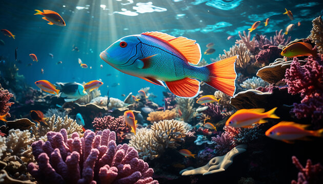 Underwater reef, fish, nature, animal, coral, multi colored, tropical climate generated by AI