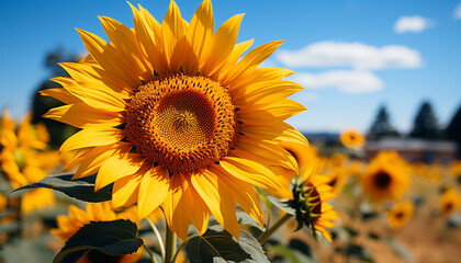 Obraz premium Yellow sunflower shines in the summer meadow, attracting buzzing bees generated by AI
