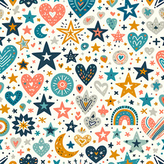 A seamless pattern for kids and the whole family, featuring a cute design with stars and hearts. This vector illustration is playful and charming