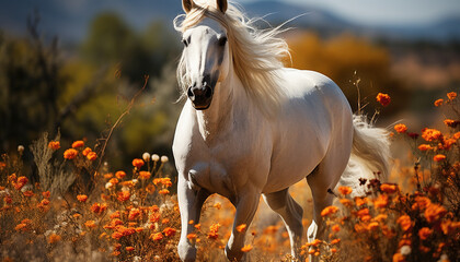 Running horse in meadow, enjoying freedom and beauty of nature generated by AI