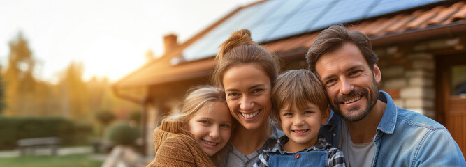 a family with kids in front of their home with solar panels on their roof.Green power concept