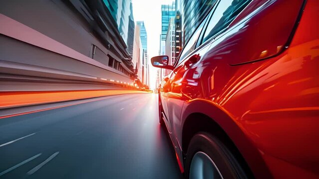A streetlevel view of a speeding car the pavement beneath it a blur as it races through the heart of the bustling city.