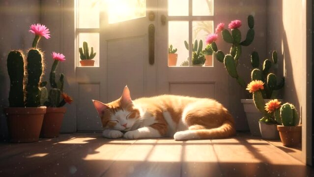 Cat sleeping behind the door with cactus as home decoration