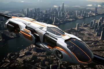 Future tech car concept flying in the middle city.