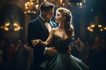 Conceptual portrait of a young couple in elegant evening dresses dance at the ball