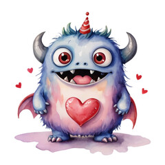 Monster With Red Heart Watercolor clipart, cute little monster laughing, cute big eyes, happy, pretty