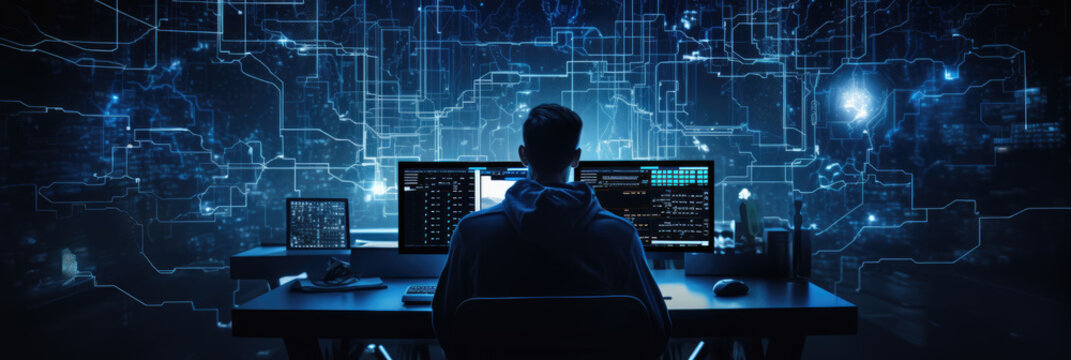 Anonymous hacker programmer man working backwards typing on computer keyboard on desk surrounded by blue glowing data network. Cybersecurity, cyberattack, cybercrime concept banner with copyspace.