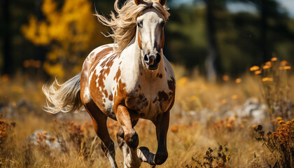 Running stallion in meadow, beauty in nature, freedom, sunset generated by AI