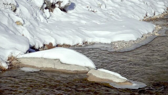 Stream flows around two snow-covered stones on a sunny winter day