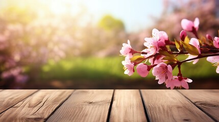 a wooden table with a blurred spring background and pink flowers and a place for text.