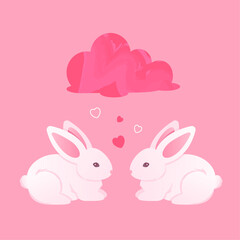 valentine easter rabbit, bunny, flluffy animal in cartoon style, cute card with pink cloud with hearts