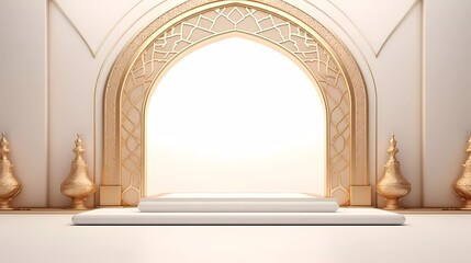 3d illustration of Luxury Islamic Podium with gold border, traditional Islamic window frame. Horizontal Arabic banner for product exhibition, silver background. generative ai