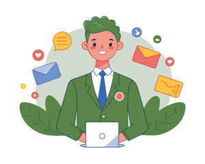 flat illustration of business man communication with laptop in office