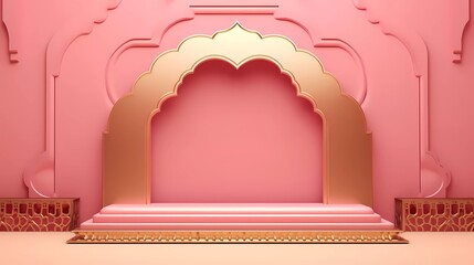 3d illustration of Luxury Islamic Podium with gold border, traditional Islamic window frame. Horizontal Arabic banner for product exhibition, pink background. generative ai