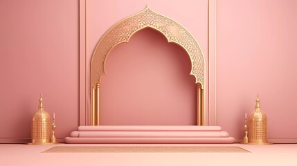 Fototapeta na wymiar 3d illustration of Luxury Islamic Podium with gold border, traditional Islamic window frame. Horizontal Arabic banner for product exhibition, pink background. generative ai