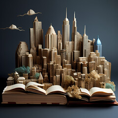 City skyline with skyscrapers made of stacked books.