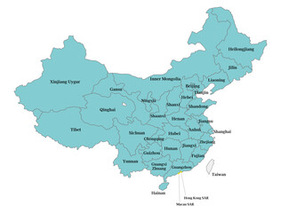 中国と台湾のわかりやすい地図、省（市・区）の境界と英語の地名 - obrazy, fototapety, plakaty