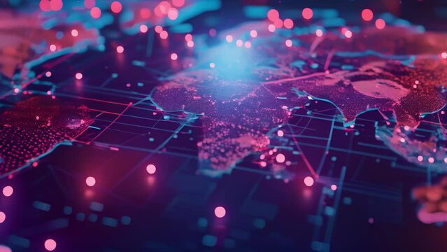 A futuristic neon rendering of the world map ilrating the seamless connections and borderless nature of our digital age.