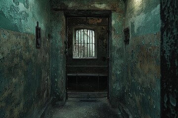 Fototapeta na wymiar An old abandoned prison. A room with bars
