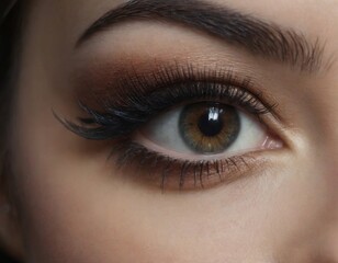 Obraz premium Close-up of beautiful eyes with makeup. Smooth skin with natural makeup of eyelashes, eyebrows and eyelids. Part of the face. Eye makeup concept.