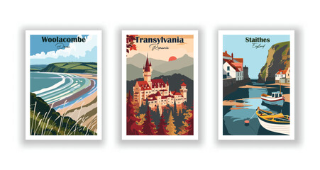 Staithes, England. Transylvania, Romania. Woolacombe, Devon - Vintage travel poster. High quality prints