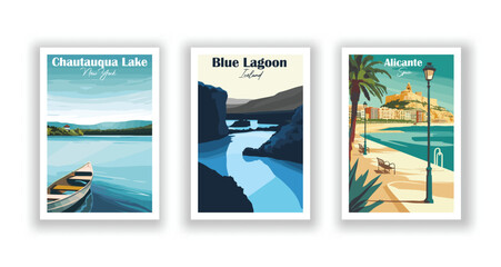 Alicante, Spain. Blue Lagoon, Iceland. Chautauqua Lake, New York - Vintage travel poster. High quality prints. - obrazy, fototapety, plakaty