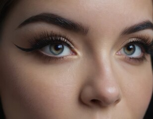 Close-up of beautiful eyes with makeup. Smooth skin with natural makeup of eyelashes, eyebrows and eyelids. Part of the face. Eye makeup concept.