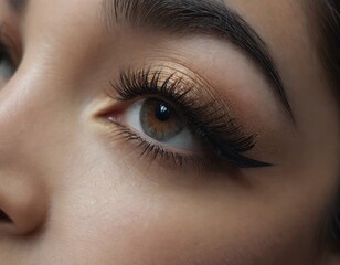 Obraz premium Close-up of beautiful eyes with makeup. Smooth skin with natural makeup of eyelashes, eyebrows and eyelids. Part of the face. Eye makeup concept.