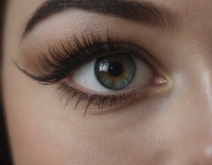 Obraz premium Close-up of beautiful eyes with makeup. Smooth skin with natural makeup of eyelashes, eyebrows and eyelids. Part of the face. Eye makeup concept.