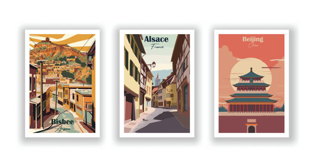 Alsace, France. Beijing, China. Bisbee, Arizona - Vintage travel poster. High quality prints
