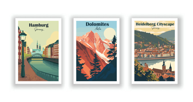 Dolomites, Italia. Hamburg, Germany. Heidelberg Cityscape, Germany - Vintage travel poster. High quality prints.