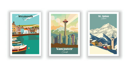 Naklejka premium St. Anton, Austria. Vancouver, Canada. Weymouth Dorset - Vintage travel poster. High quality prints