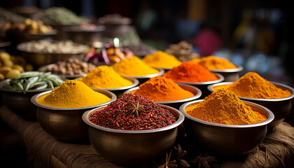 Spice store selling vibrant colored Indian curry powder generated by AI